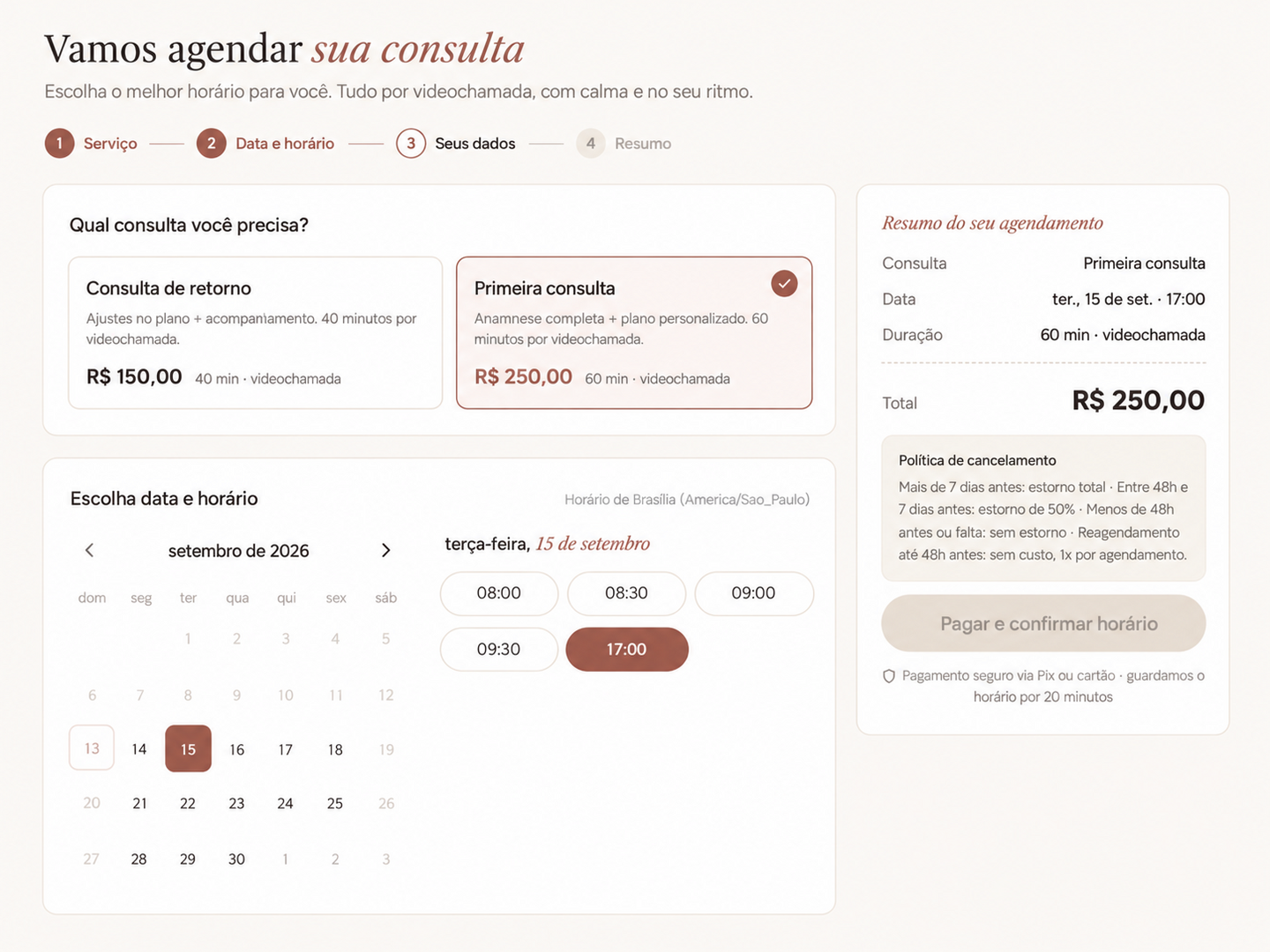 Tela de agendamento do Agenda e Vai com escolha de horário pelo cliente.