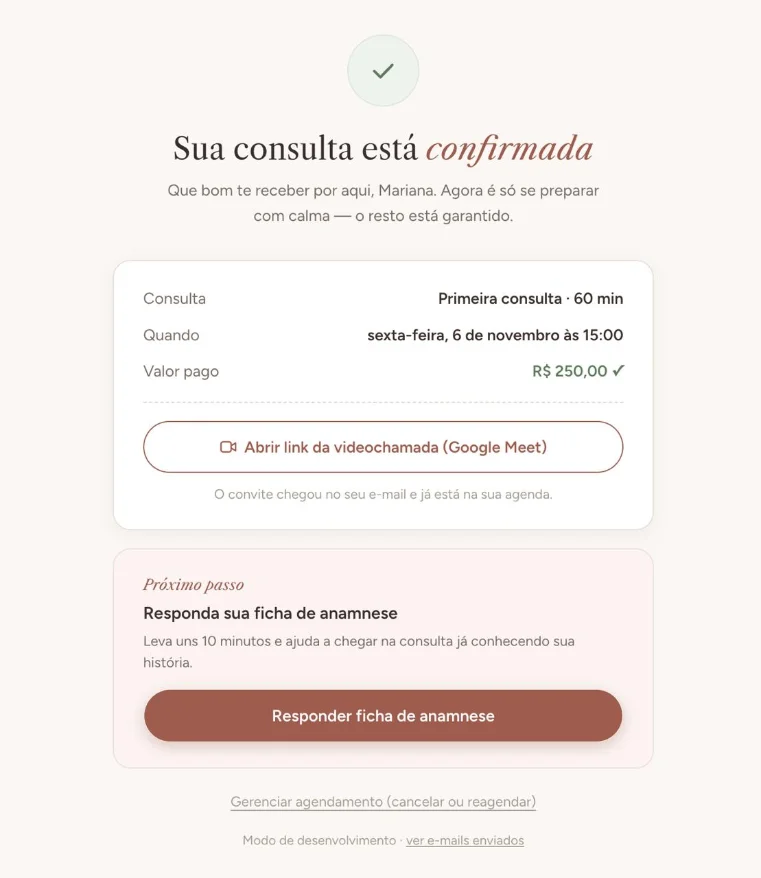 Tela de confirmação do Agenda e Vai: “Sua consulta está confirmada”, com horário, valor pago e link da videochamada.