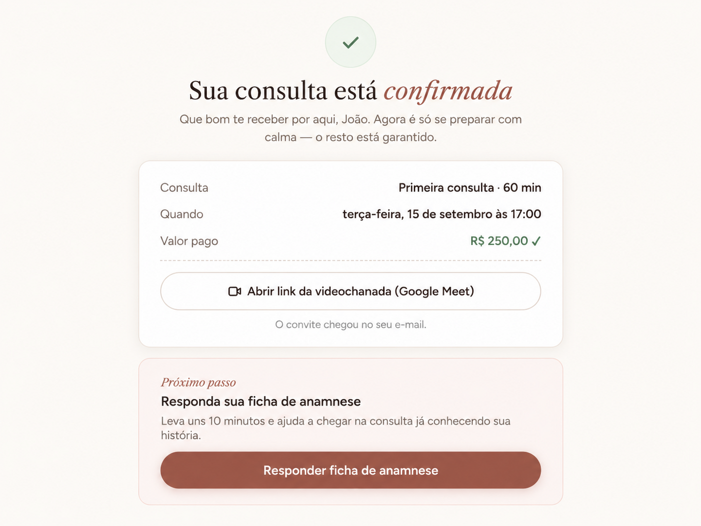 Tela de confirmação do Agenda e Vai com horário pago e acesso à videochamada.