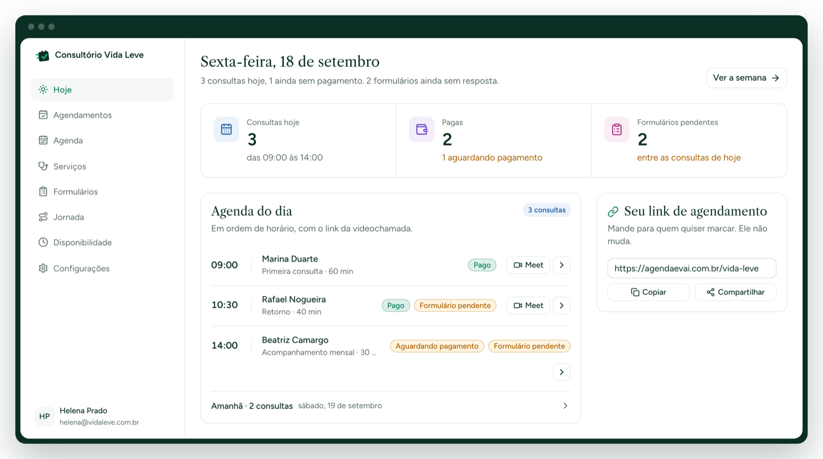 Painel do Agenda e Vai com a agenda do dia, pagamentos e formulários pendentes.