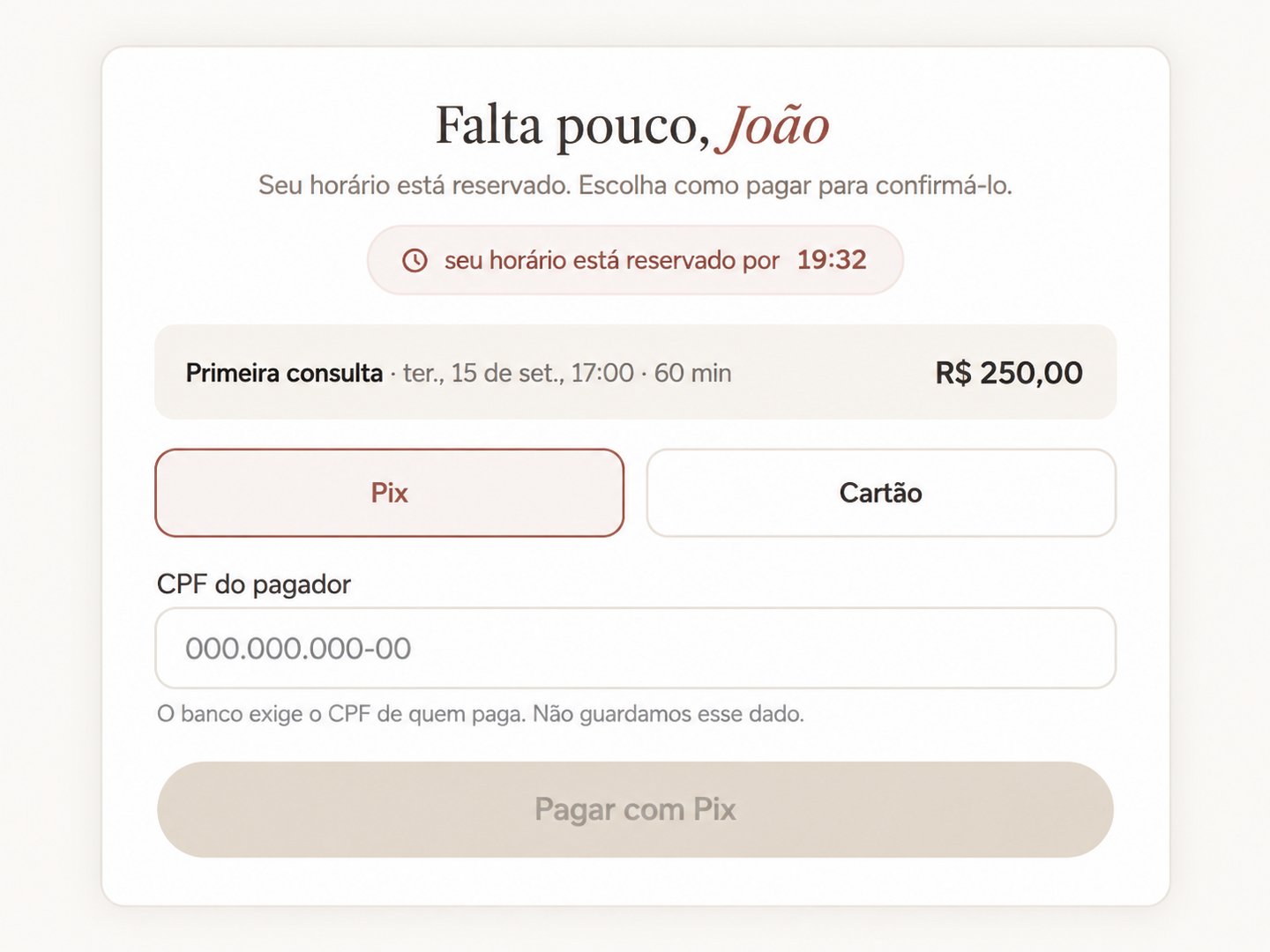 Tela de pagamento do Agenda e Vai antes da confirmação do horário.